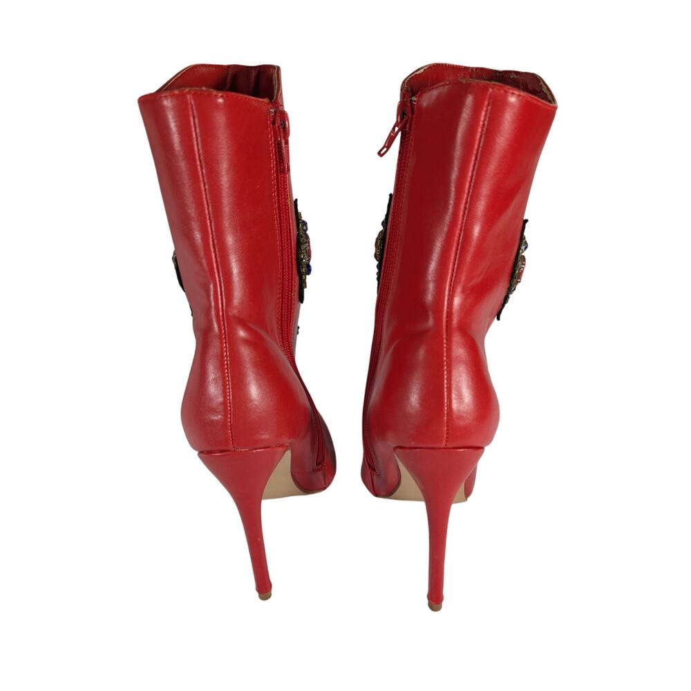 NWOT! FAB ROUGE RED ANKLE BOOTS WITH BEADED & JEWELED, EMBROIDERED CROSS! SZ 6 - Picture 8 of 11